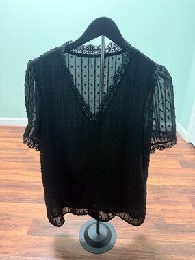 Black Swiss Dot Lace-Trim V-Neck Blouse - Women